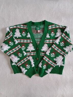 Holiday Christmas Sweater Green Knit Christmas Tree Button-Up Cardigan Size Med